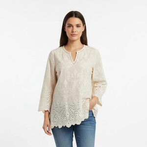 John Mark Winter White Velvet Eyelet Scalloped Bell Sleeve Top - NEW